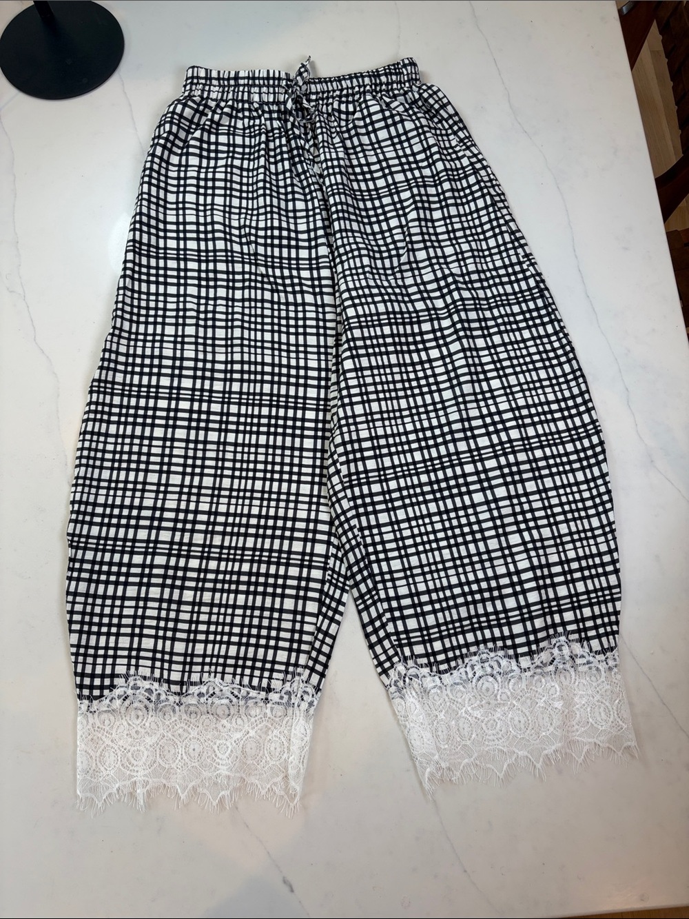 Black & White Plaid Lace-Hem Pants